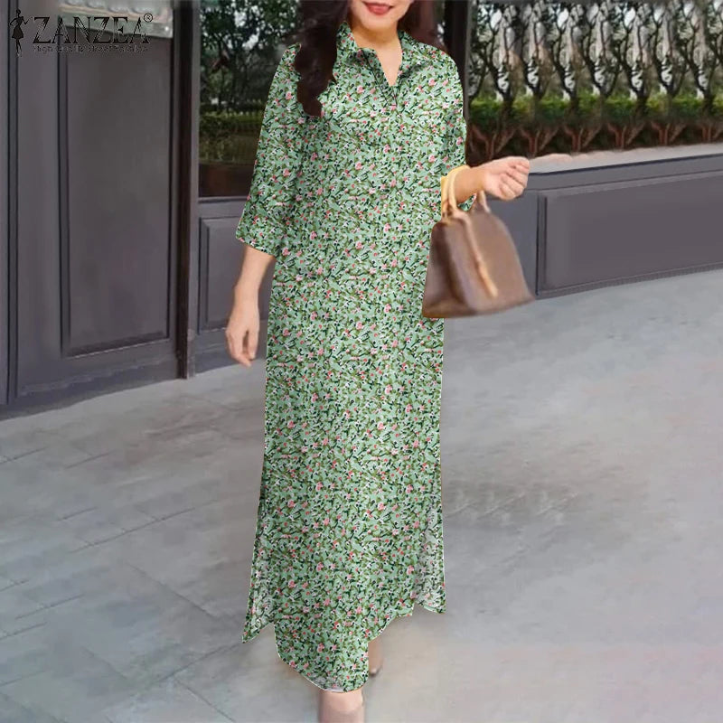 2025 Spring 3/4 Sleeve Maxi Dress Turn-down Collar Holiday Shirt Dress Loose Casual Floral Printed Women Vintage Vestidos