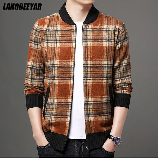 Men's Top Quality Woollen Thick Velvet Plaid Casual Baseball Collar Jacket, Korean Windbreaker Male Coats