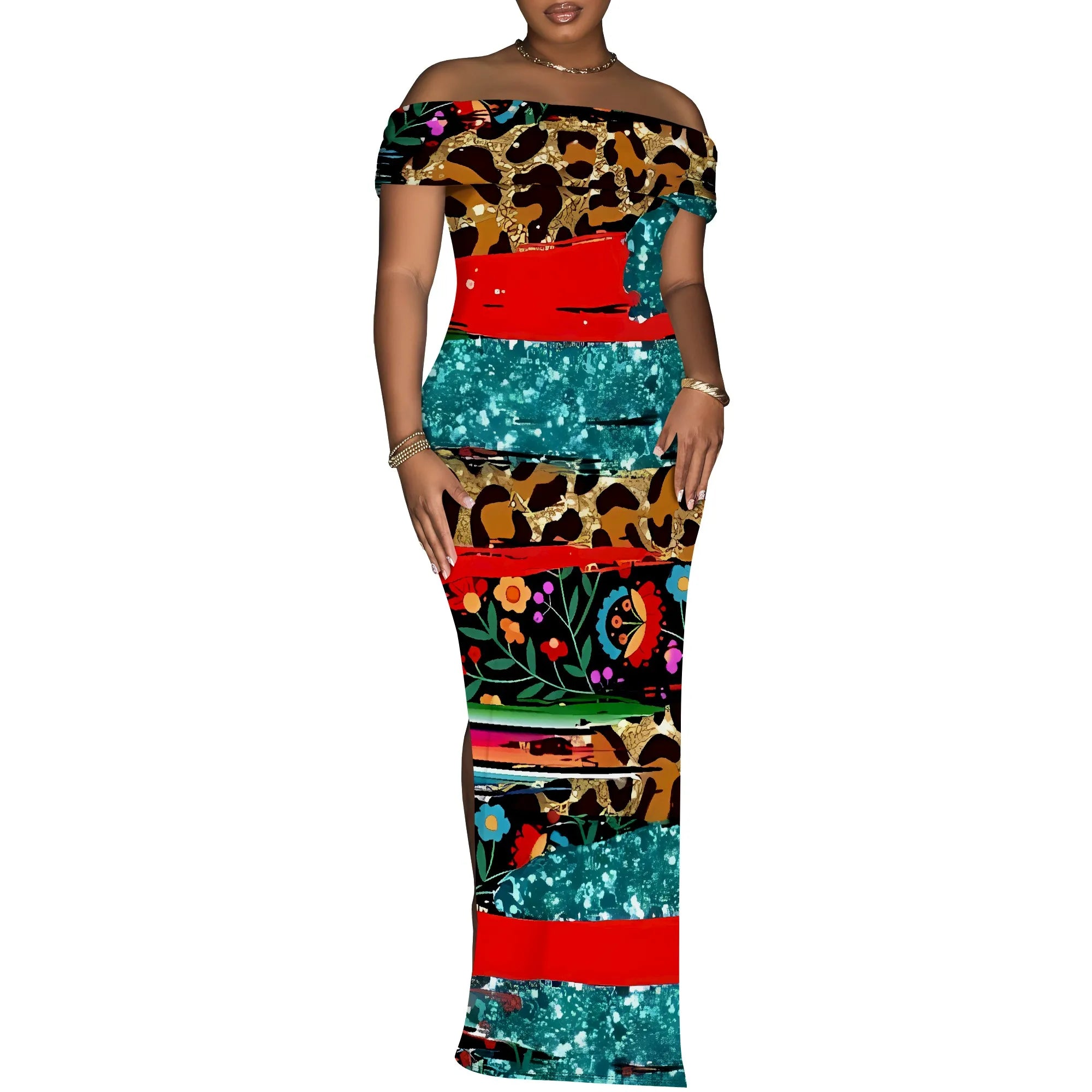 Tribal Patchwork Off Shoulder Maxi Dress Women Boho Style Slim Fit Slit Long Dress Party Clubwear