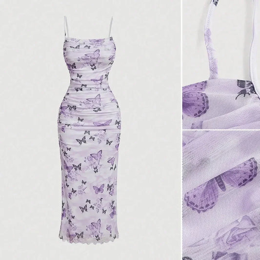 2025 Summer New Sleeveless Square Neck Folds Women Dress Modest Fashion Butterfly Stringy Female Dresses