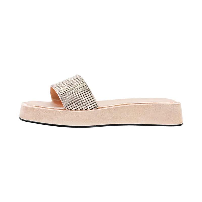 Women Flat Sandals Rhinestone Slippers Peep Toe SlidePink Summer Flat Sandals