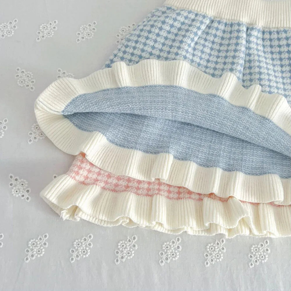 Spring Autumn Children's Clothing Set Girls Plaid Knitted Sweater and Skirt 2PCS Trendy Bow Cardigan Outfit 1-5Y Girls