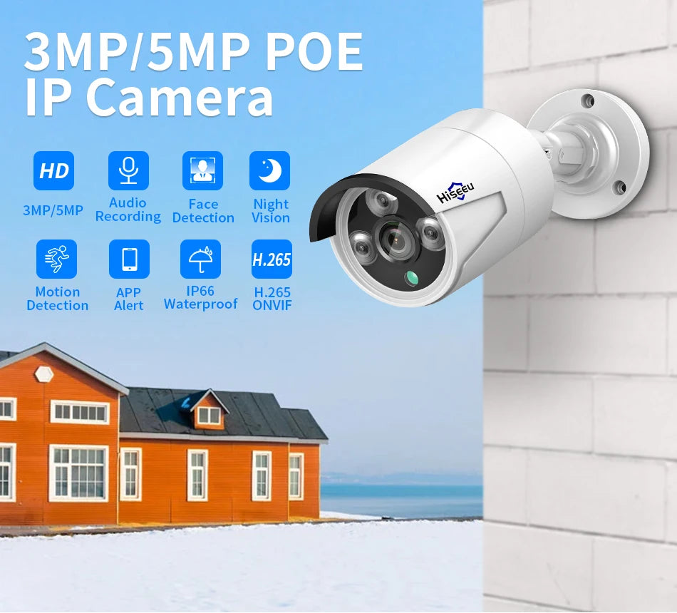 Hiseeu 5MP Audio IP Security Surveillance Camera POE H.265 Outdoor Waterproof IP66 CCTV Camera P2P Video Home for POE NVR