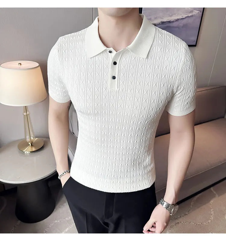Men's Slim-Fit Jacquard Knitted Short-Sleeved Polo Shirt for Male Fashion Lapel Golf Shirt