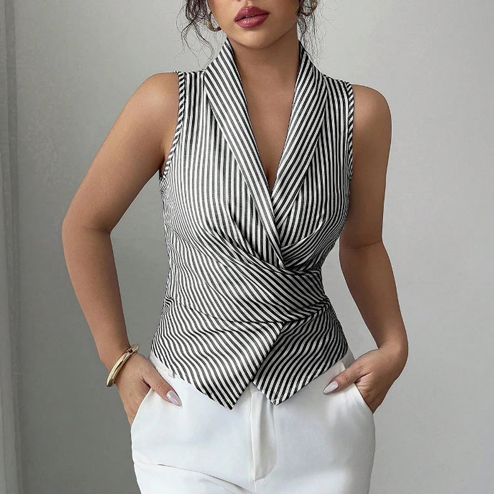 Hemden Frühling Sommer Passform Slim Fashion Streifen Eingeklemmte Taille Ärmelloses Revers Bürodame Hemden Für Frauen