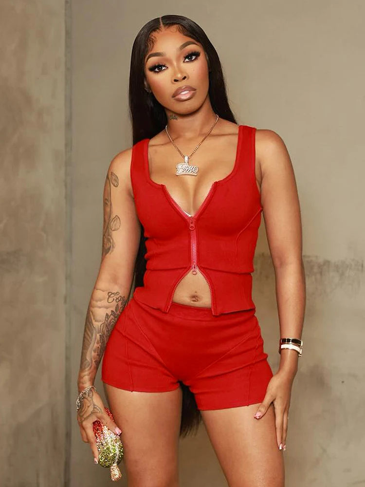 Casual Women 2 Piece Set Stretch Double Zip Tank Tops + Shorts Matching Patchwork Simple Basic Streetwear Tracksuit