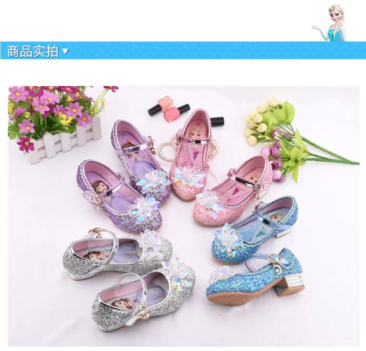 Frozen Elsa Princess Girls Leather Crystal Shoes Glitter Casual High Heels Girls Sandals Pink Blue Silver Elsa Shoes