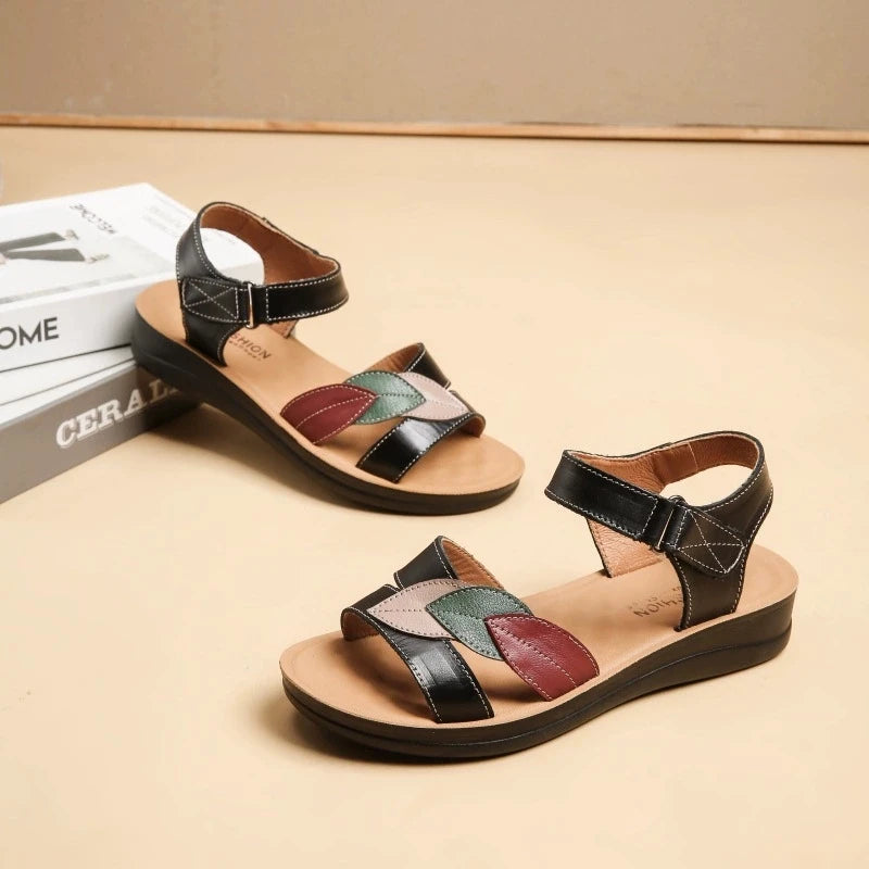 Women's Mother Ladies Female Genuine Leather Sandals Shoes Platform Summer Cool Beach Soft Waterproof Leaf Non Slip