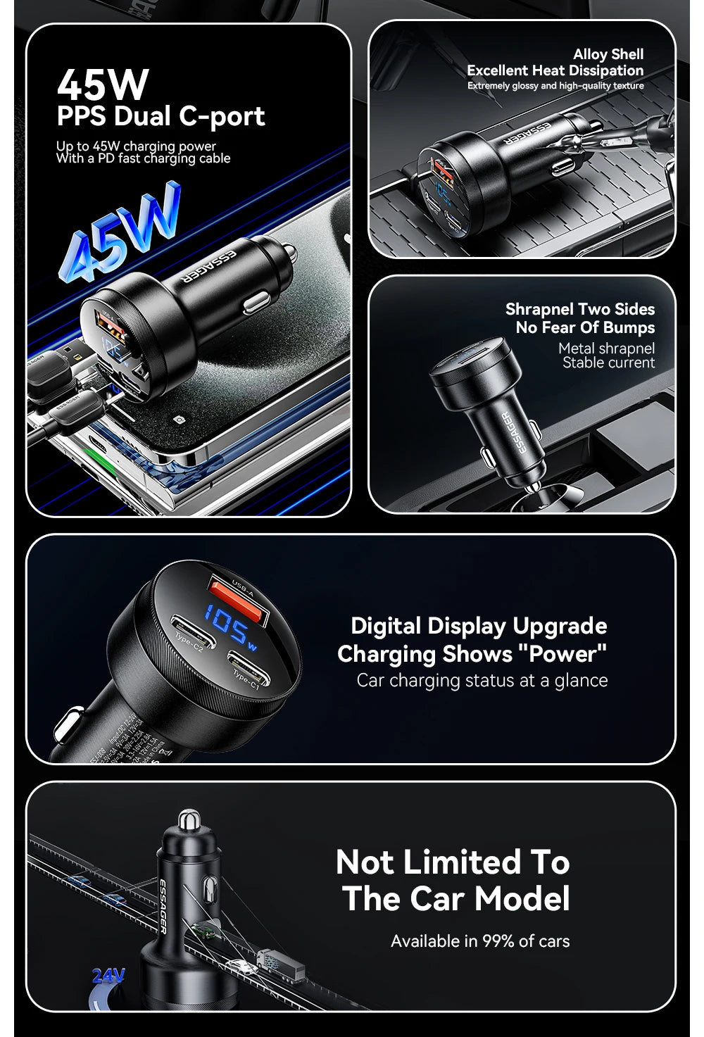 Essager USB C Car Charger 105W Quick Charge PD3.0 QC4.0 3.0 SCP PPS USB Type C  Fast Charging For iPhone 15 14 13 Samsung Xiaomi