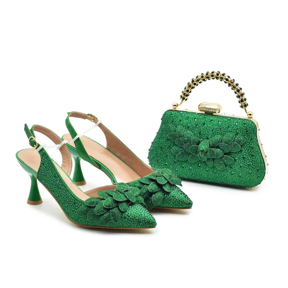 New Pointed Toe Heels with Small Bag Nigeria Fashion Party Women's Shoes and Bags Decorated with Rhinestone Wedding Shoes Bride