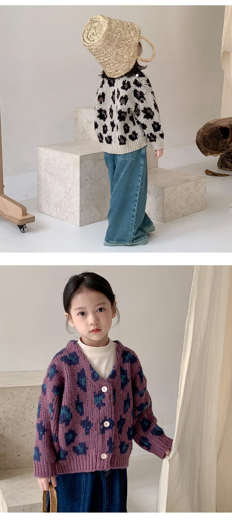 Girls' Autumn Vintage Korean Trendy Leopard Knit V-Neck Cardigan Coat For Children 1-7Y