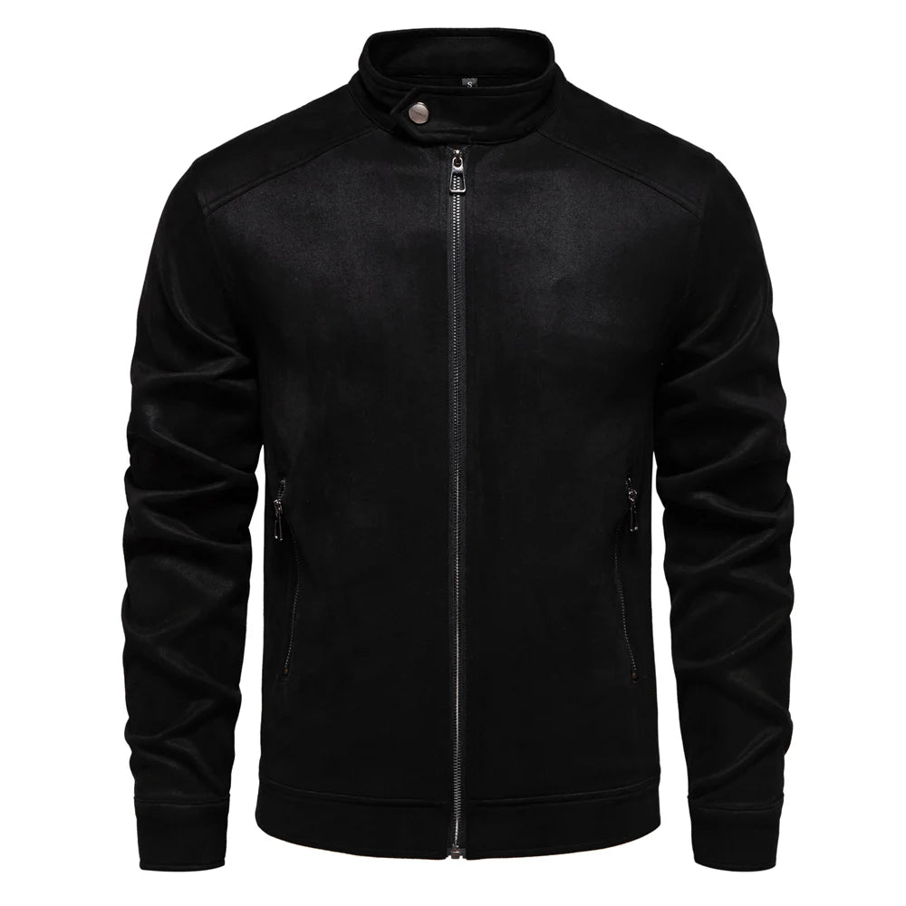 Men's Stand Collar Zip Suede Jacket Fashion Casual Business Faux Leather Trucker Jackets Coat for Men