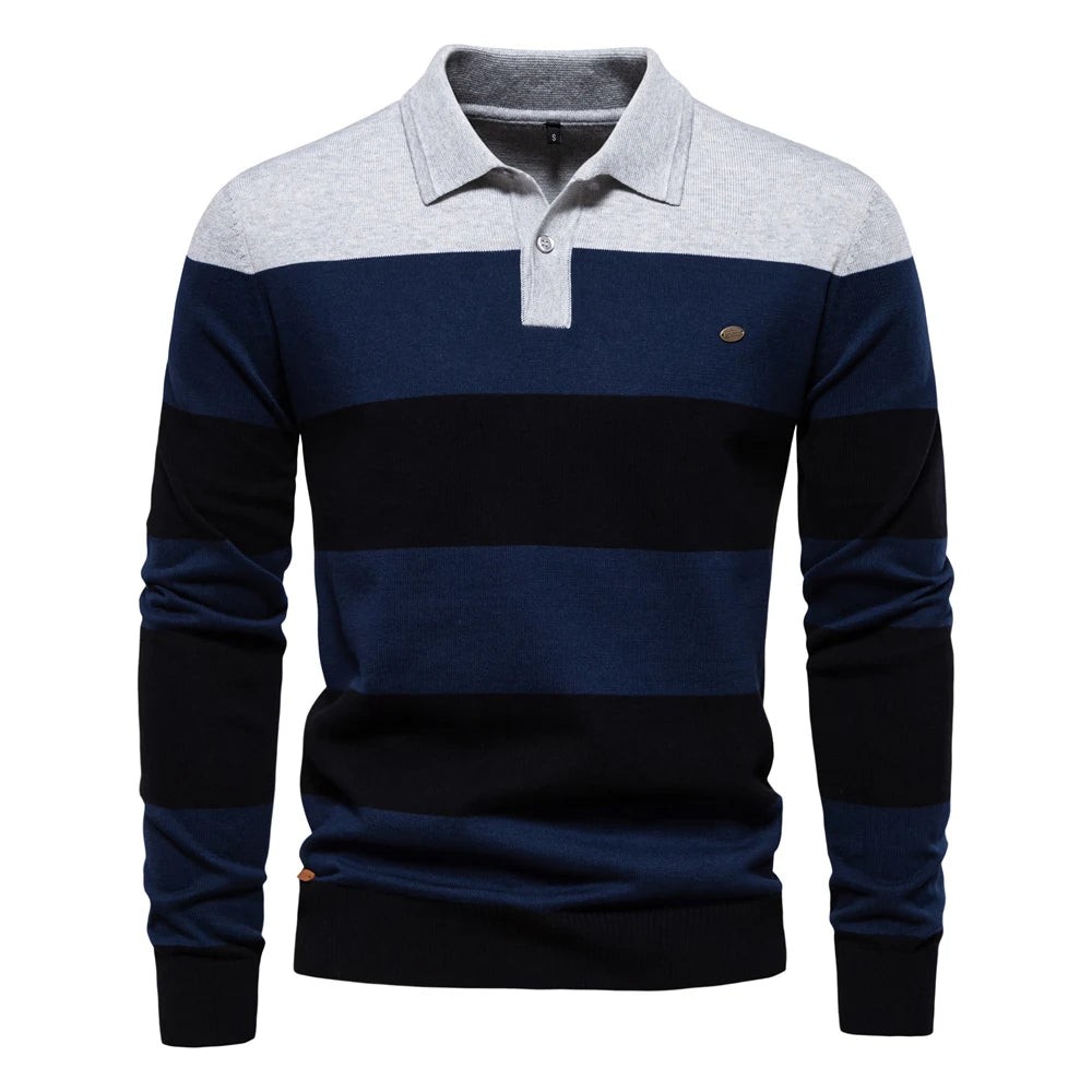 Herren-Pullover mit Streifen aus Baumwolle und Polokragen zum Knöpfen, lässiger Business-Pullover für Herren