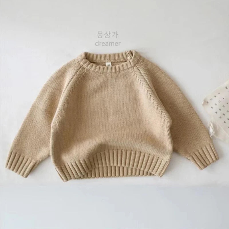 Pure Cotton Solid Kids Sweaters Vintage Boys Pullover Knitwear Toddler Girls Sweater Shirt Outwear For Children 1-6Y Unisex