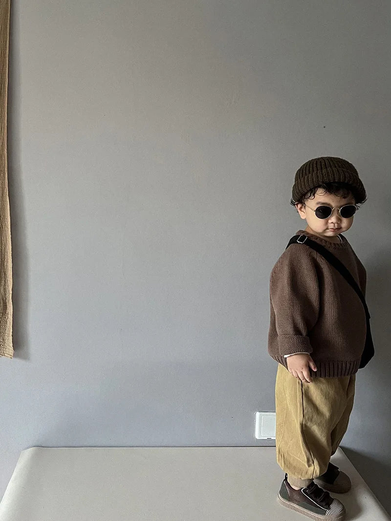 Pure Cotton Solid Kids Sweaters Vintage Boys Pullover Knitwear Toddler Girls Sweater Shirt Outwear For Children 1-6Y Unisex