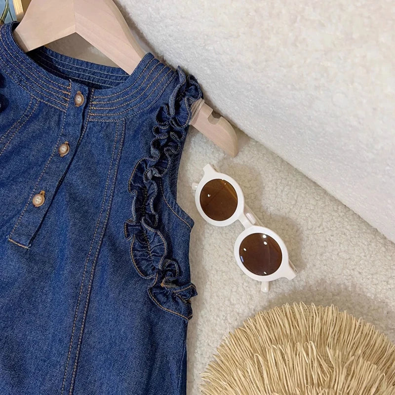 2024 New Summer Girl's Dress Kid's Sweet Denim Tank Dress Children Tops Outfit 1-7Y Girls
