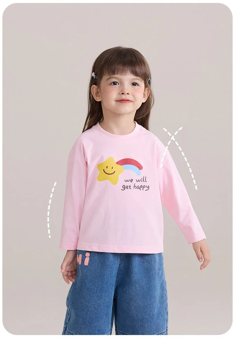 New Spring Girls Boys Cute T-shirt Kids Cartoon Letter Star Flower Undershirts Children Thin Style Bottoming Shirt 7T Unisex