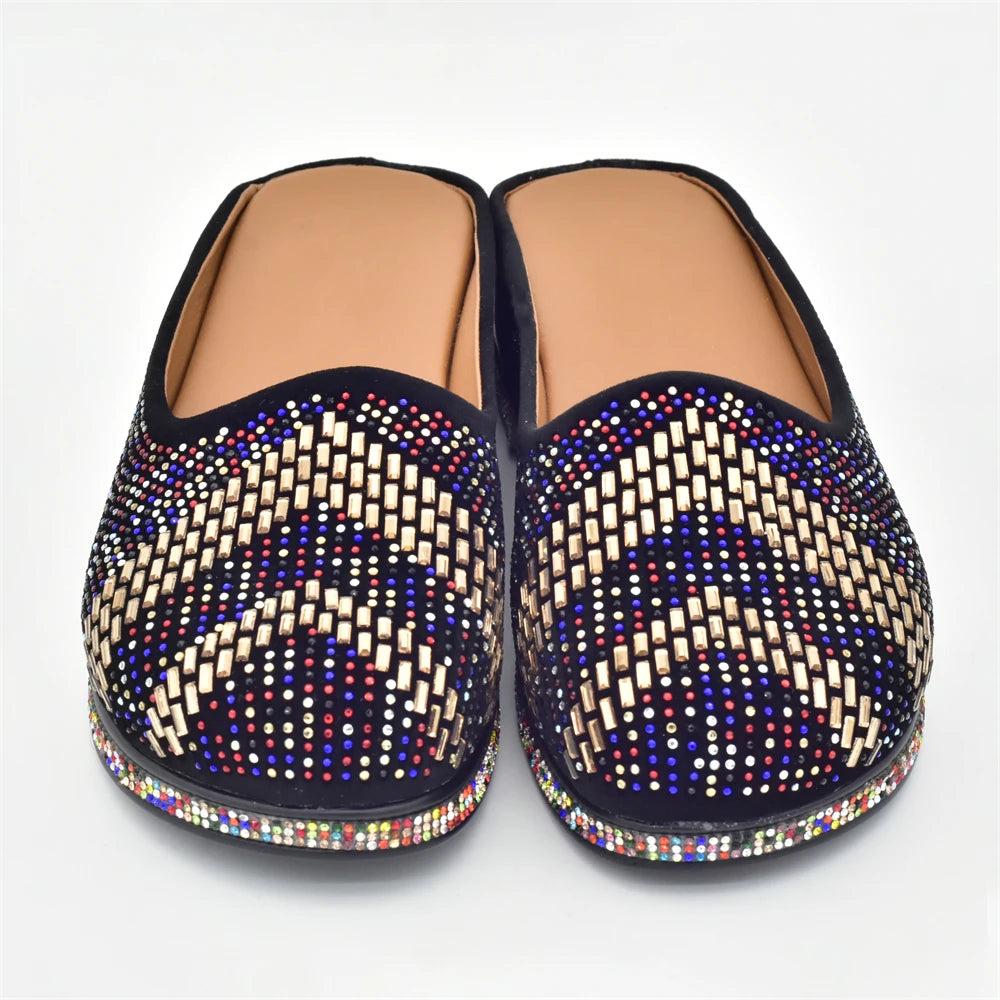 Bling Crystal Women Closed Toe Mules Half Close Slippers Thick Sole Light Weight Comfy Walking Shoes