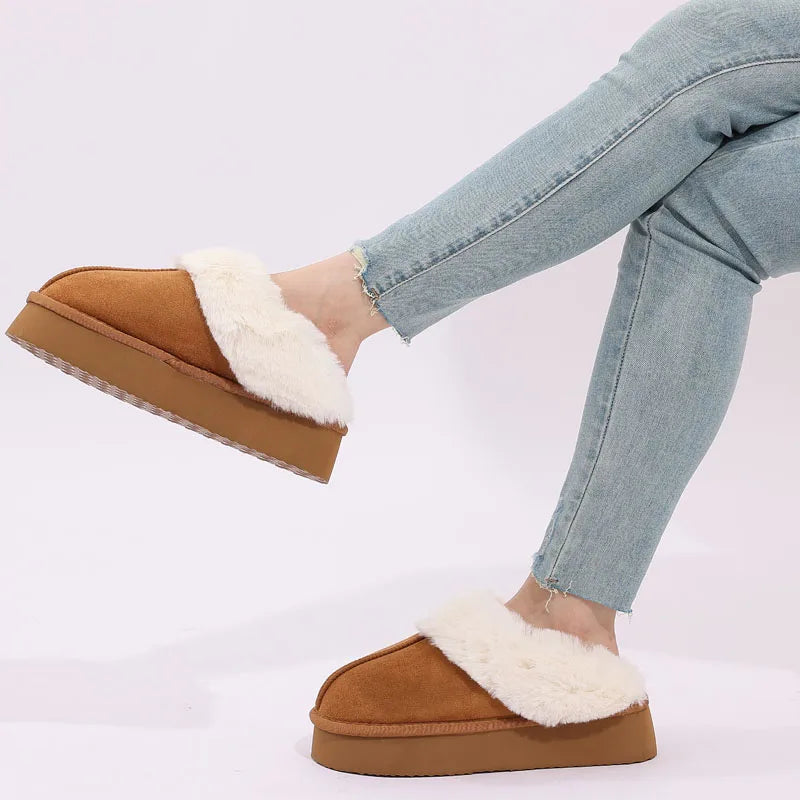Women's Fluffy Plush Winter Shoes With Thick Sole Fuzzy Slides Suitable For Indoor and Outdoor Use With Anti-Slip Platform Fur Slippers