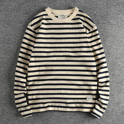 Autumn New American Retro 230g Heavyweight O-neck Striped T-shirt Men's Fashion 100% Cotton Washed Casual Loose Tough GuyTops