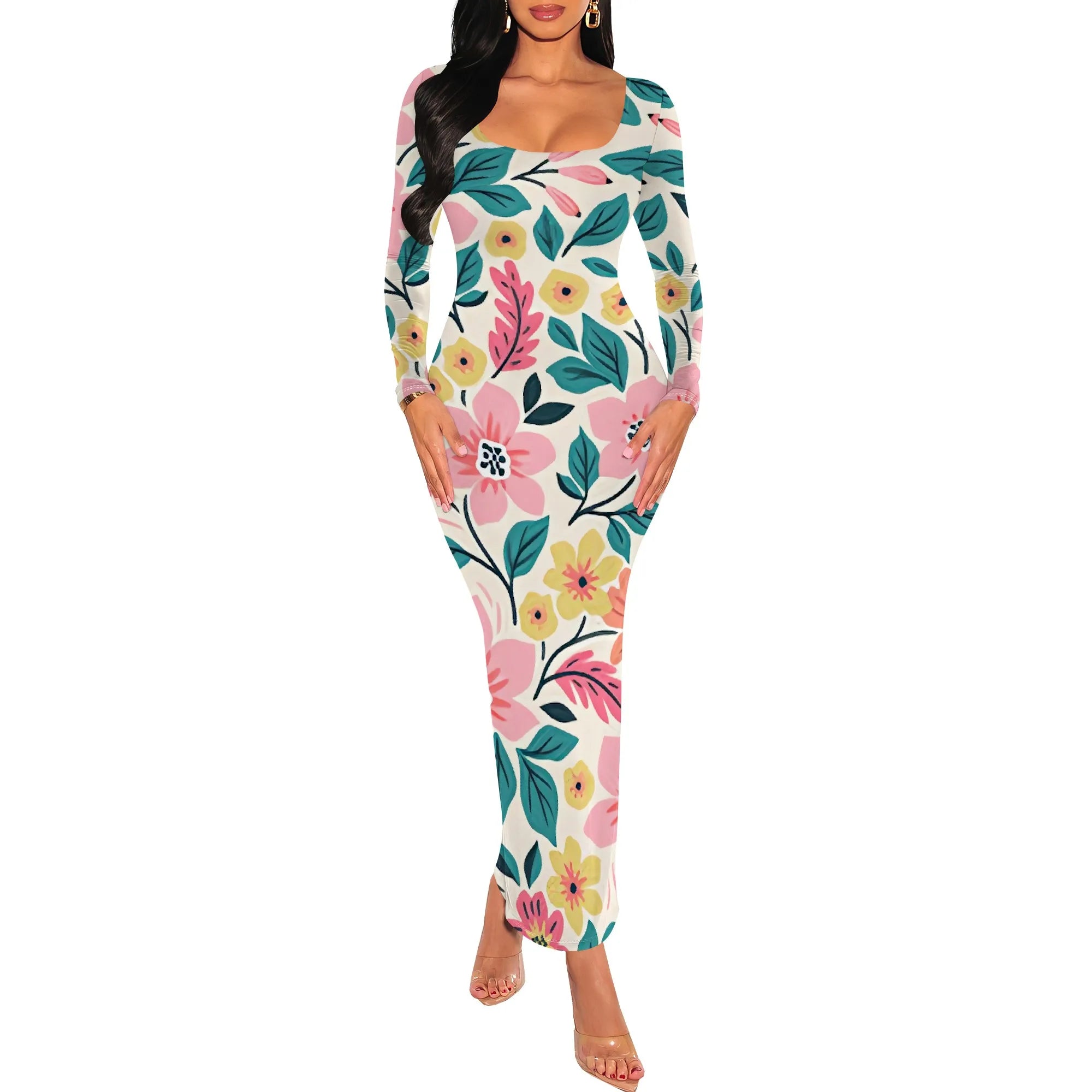 Bright Floral Print Bodycon Maxi Dress Colorful Long Sleeve Scoop Neck Spring Outfits