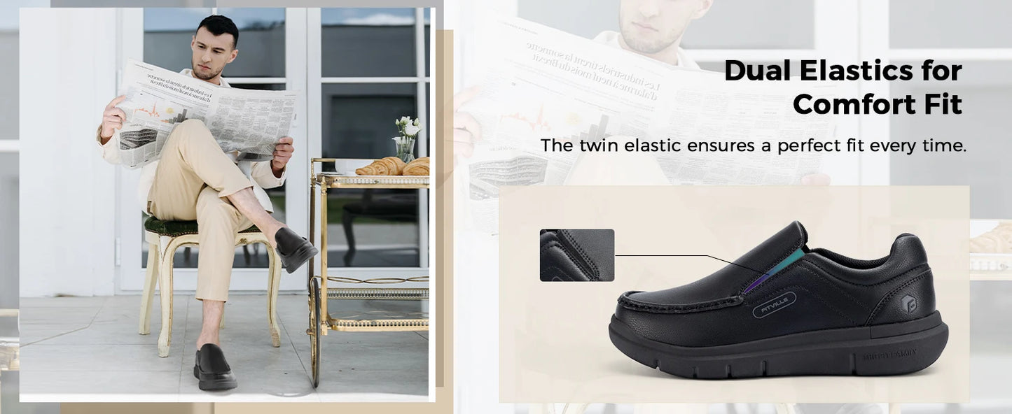 Men's Shoes Wide Width Leather Slip-On Casual Shoes Lightweight For Swollen Feet with Arch Support Pain Relief