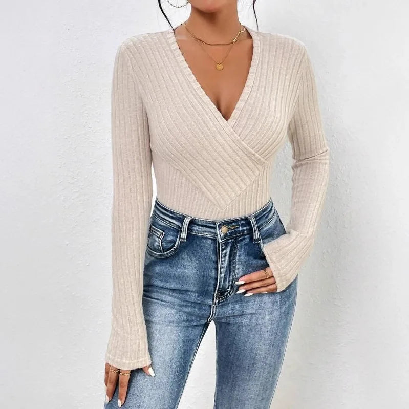 Long Sleeve Women's V-Neck Casual Beige Bodysuit Ribbed Knitted Skinny Body Suit Top for Women 2025 New Spring Autumn Outfits