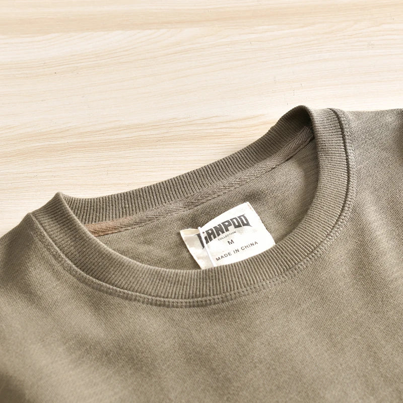 Lente Nieuwe Amerikaanse Retro Lange Mouw O-hals Effen Kleur Sweatshirts Heren Eenvoudige 100% Katoen Gewassen Trui Casual Sportkleding