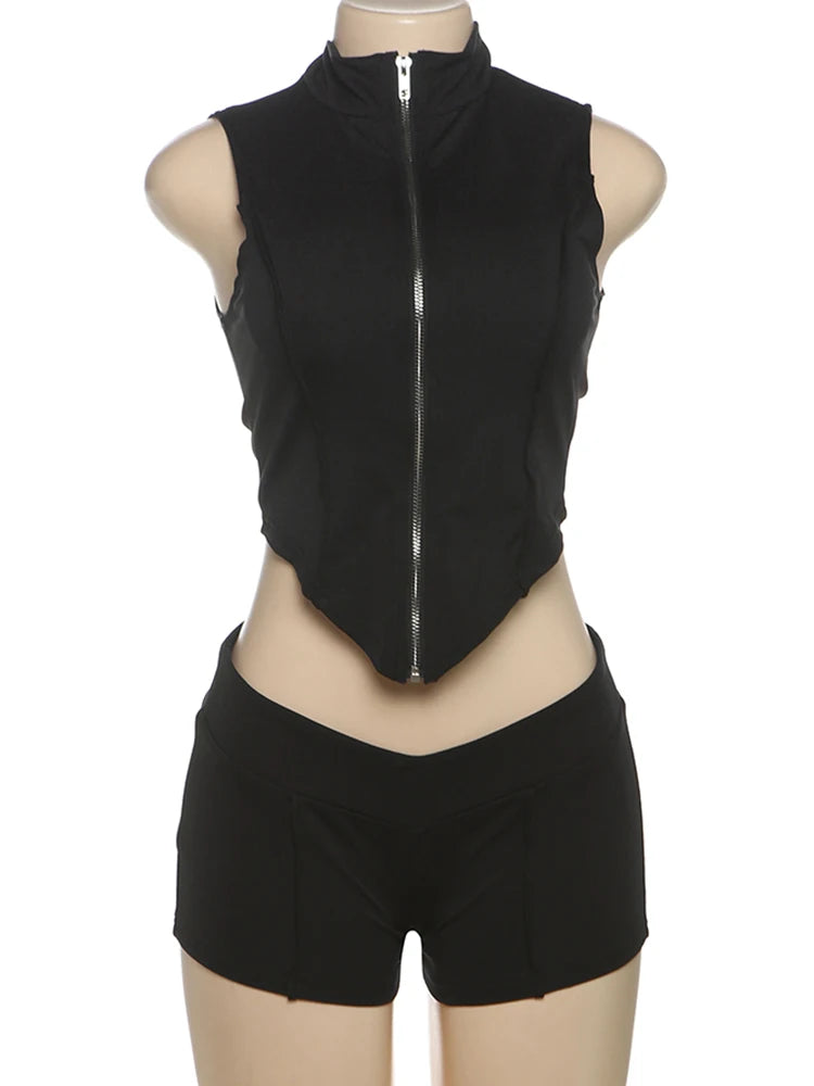 Lines Patchwork 2 Piece Set Women Zipper Cardigan Irregular Crop Top + Skinny Peach Hip Shorts Simple Sporty Street Wears