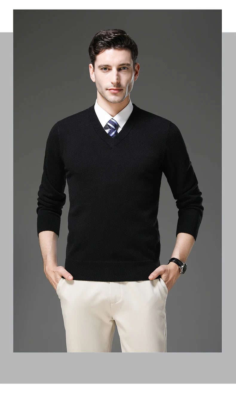 Men's Warm V-Neck Solid Colour Sweater, Autumn & Winter Stretch Top, Daily Leisure Pullover Knitwear, Male Business Casual
