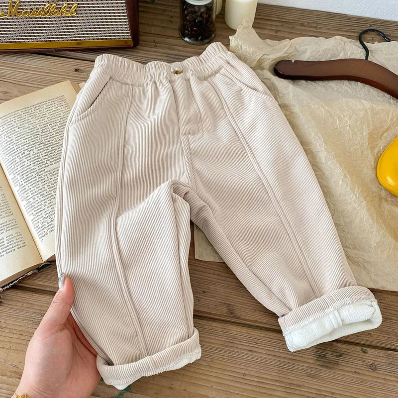 Winter Warm Kids Pants Fleece Lining Corduroy Fleece Boys Girls Trousers Outerwear Clothing 1-6Y Unisex
