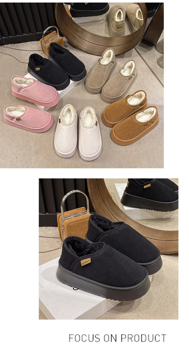 Women's Winter Warm Fuzzy Lining Cotton Shoes Fur Fluffy Slippers For Indoor and Outdoor Use With Anti-Skid Plush Thick Sole Cotton Shoes