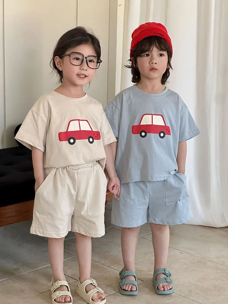 New Summer Kids Clothes Suit Children Cute Cartoon Car T-shirt + Shorts Boys Thin Style 2PCS Outfit 1-4Y Unisex