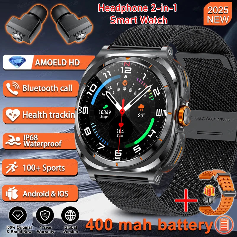 2025 Outdoor Sport Smartwatch AMOLED-scherm Hartslagmeter Waterdicht Bellen TWS Headset Smartwatch Voor Mannen - Compatibel met HUAWEI &amp; Samsung Galaxy IOS