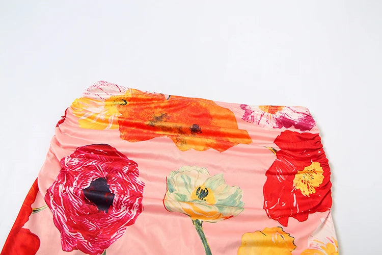 Floral Print 2 Piece Set Women Halter Low-Neck Backless Crop Tops + Skinny Splits Long Skirts Vacation Beach Style Suit