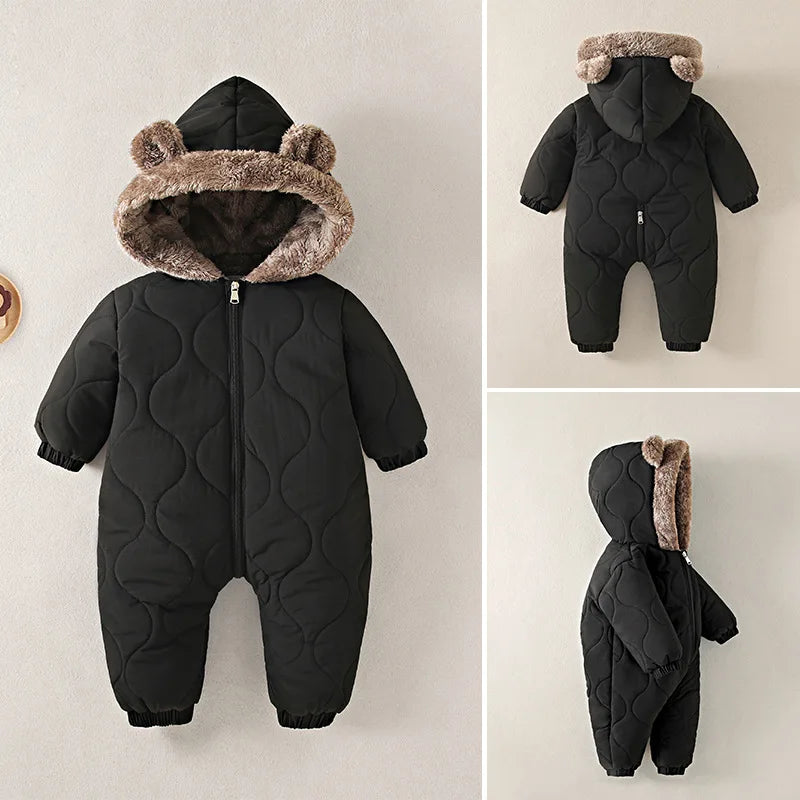 Baby's Winter Warm Clothes Fur Lining Rompers Fur Hoodie Jumpsuit Thicken Fleece Toddler Outfit 0-2Y