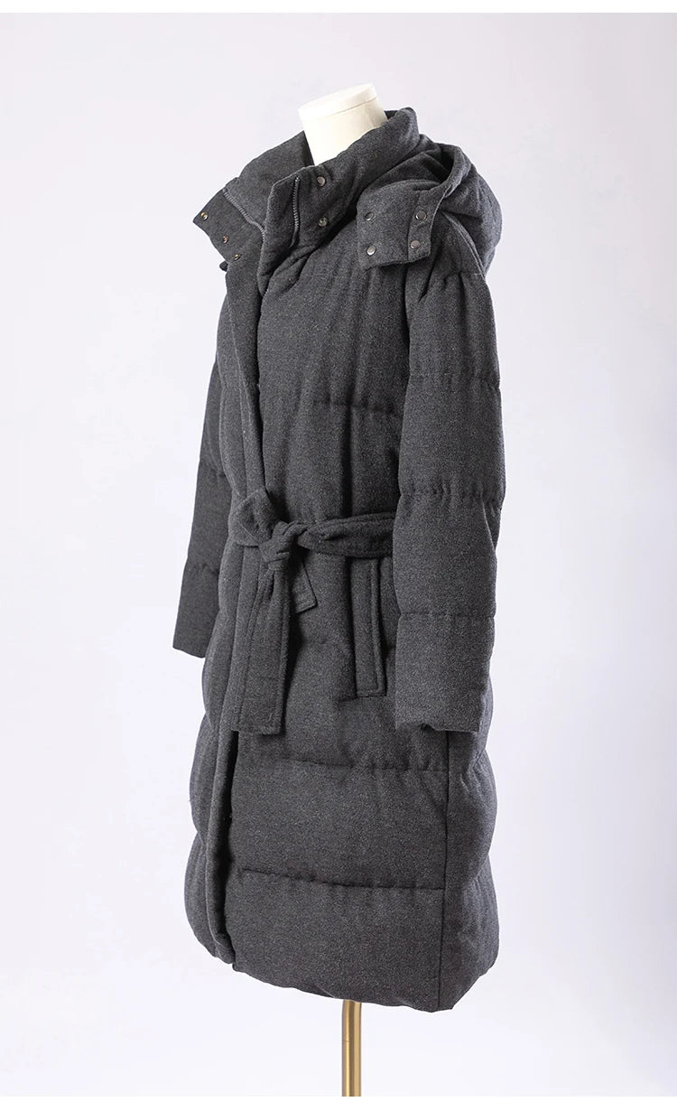 Women's Luxury Puffer Wool Winter Jacket, Duck Down Coat, Long Hat Detachable Hooded Outerwear For Ladies
