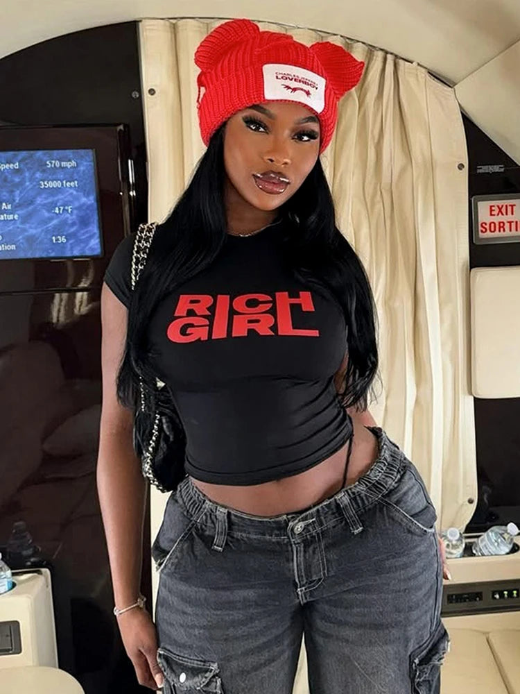 Letter Print Fashion Crop Tops Women Summer Trend o-Neck Mini Sleeve Daily Casual Simple Classic Streetwear T-Shirts