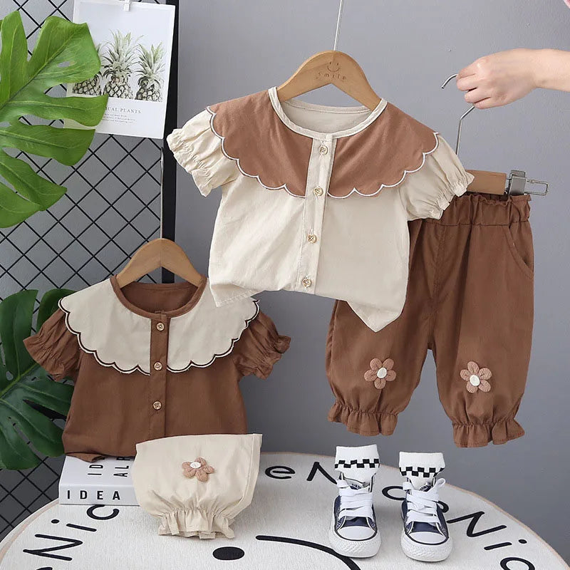 New Summer Kids Clothes 2PCS Set Cute Doll Collar Girls Shirt + Flower Pants Children Thin Style Outwear 12M-5T Girls