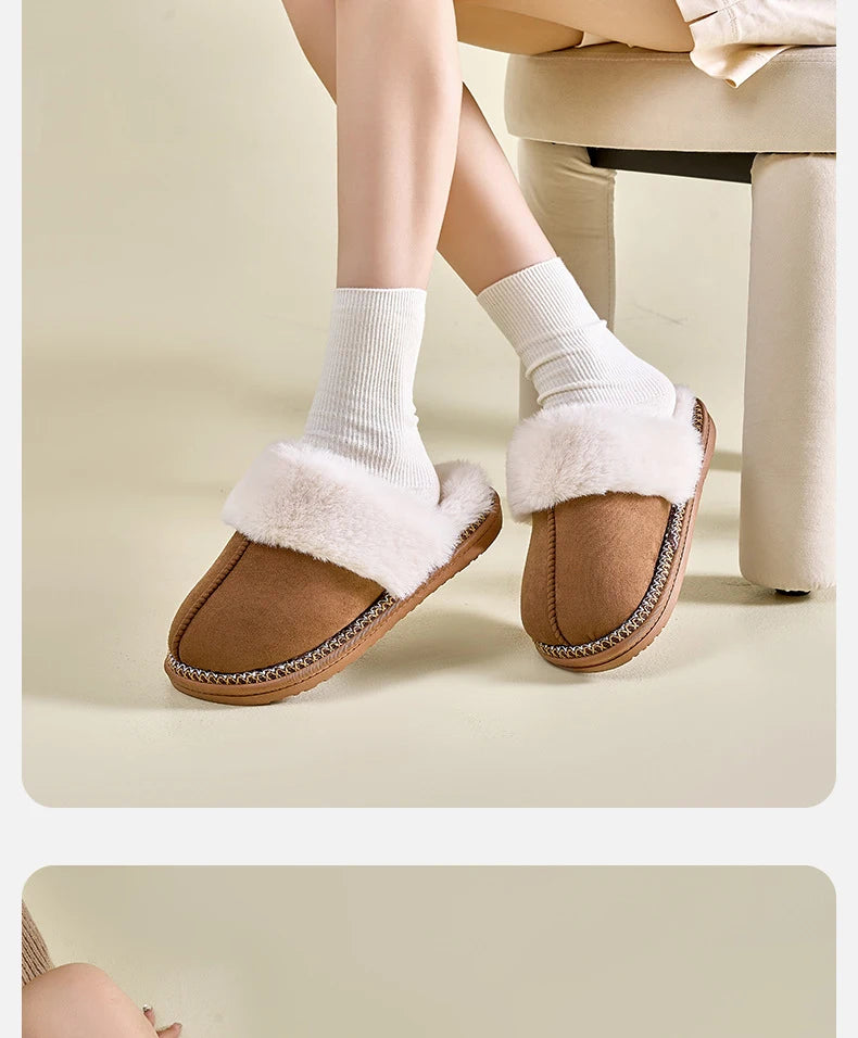 Women's Warm Fuzzy Slippers Winter Fur Collar Indoor Plush Flat Slides Fluffy Ladies' Cotton Shoes Furry House Slippers