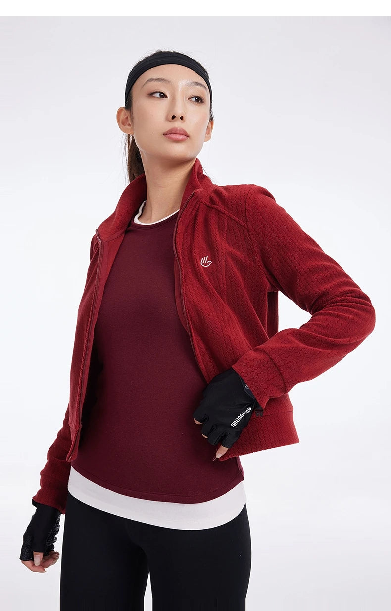 Women's Stand Collar Thermal Polar Fleece Jacket, Integrated Seam Pocket, Silver-Thread Embroidery Short Coats For Ladies