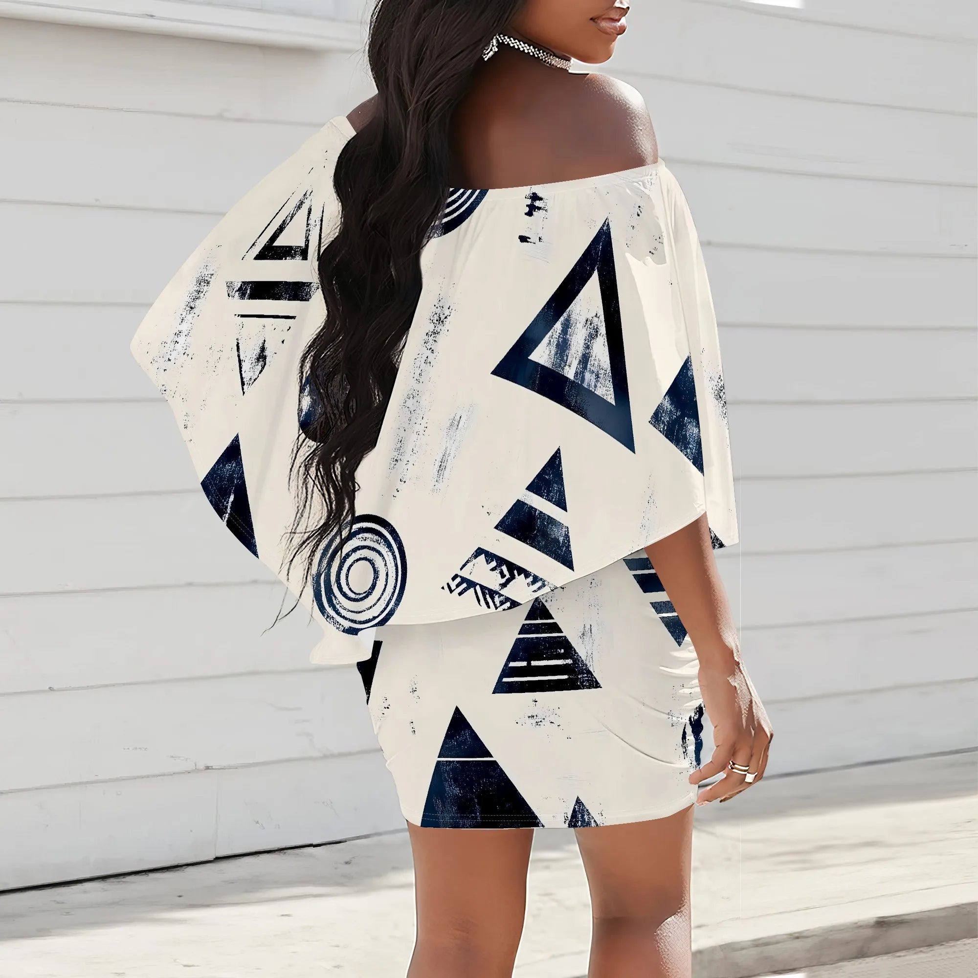 Off Shoulder White Dress with Navy Graphic Shapes Artistic Print Elegant Partywear