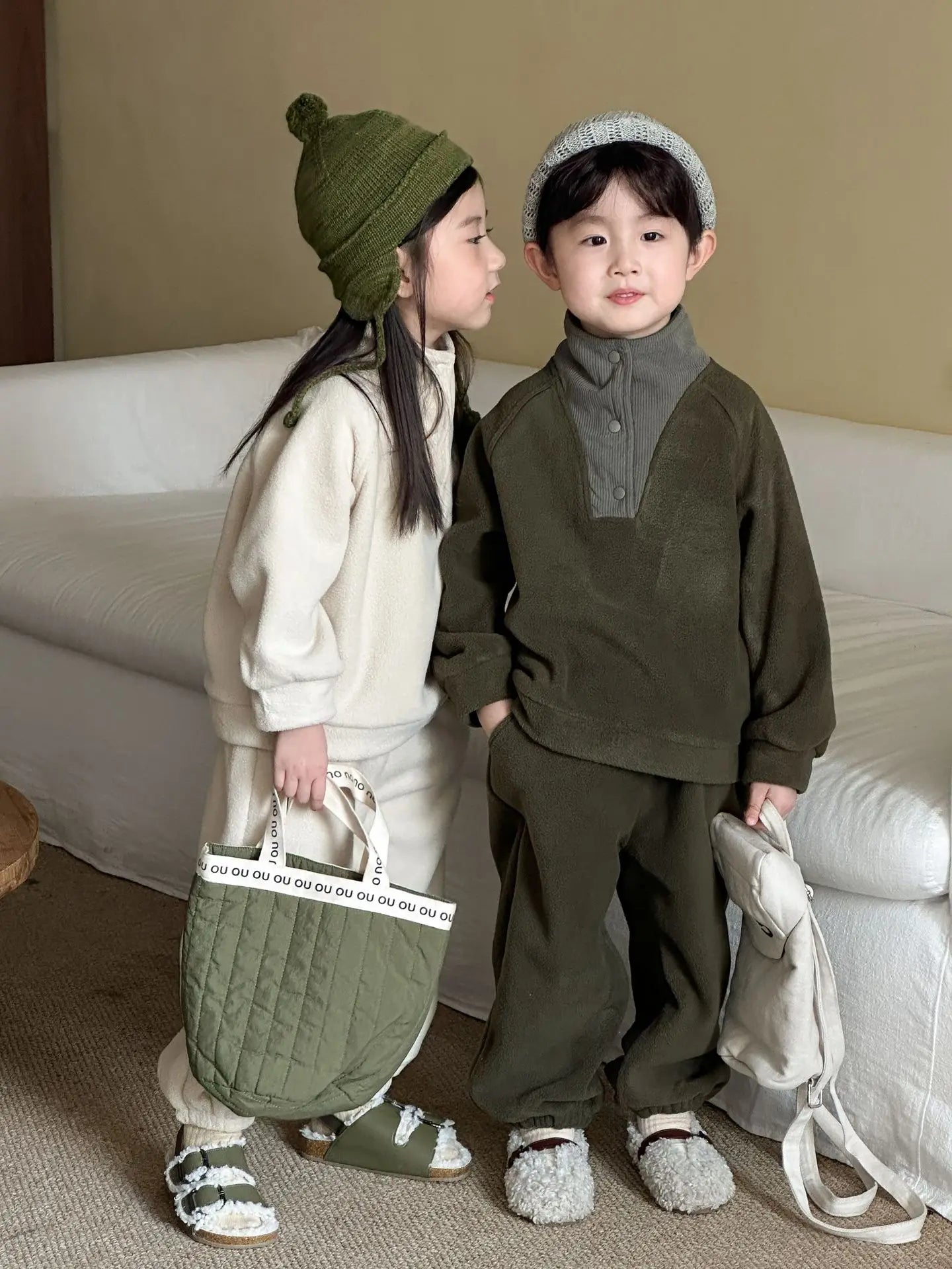 Unisex 2Pcs Autumn Winter Warm Clothing Set Fleece Hoodie and Pants Suit Turtleneck Double Fleece Kids Tracksuit