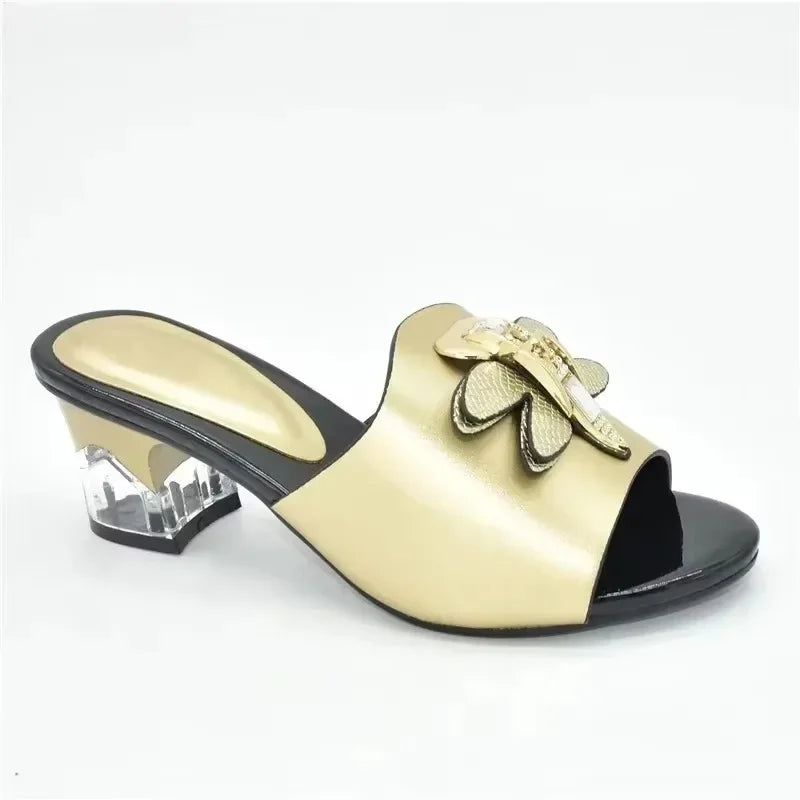 Women's Italian High Heel Slippers Shoes with Metal Trim and Rhinestones for Ladies Suitable for Autumn Wedding