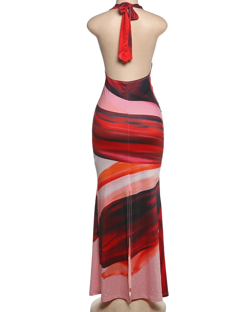 Deep V-Neck Women Long Dress Colorful Print  Sexy Backless Sleeveless Lace-Up Elegant Birthday Banquet Party Bodycon