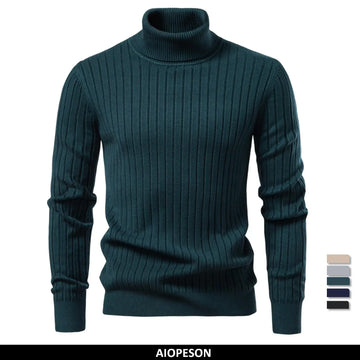 Men's Turtleneck Sweater Solid Colour With Striped Pullover Warm Knitwear Winter Casual High Quality Male Sweater