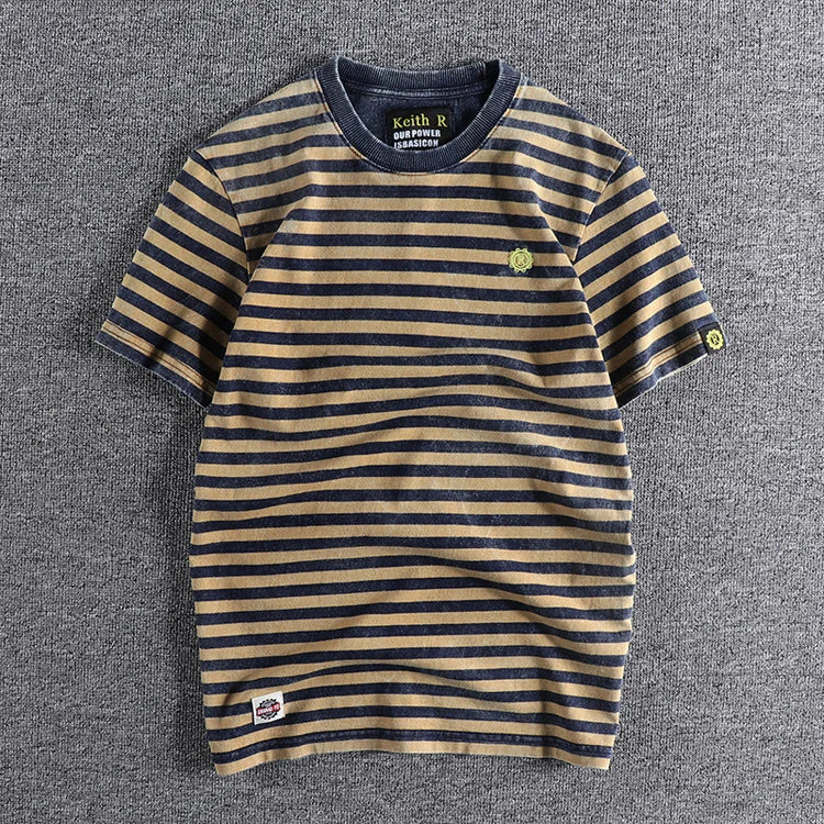 Summer New Japanese Retro Short Sleeve Striped T-shirt Men's Fashion 100% Cotton Slim Simple Round Neck Washed Old Casual Tops
