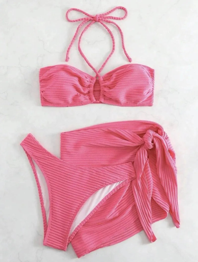 Women's Sexy Bikini Swimsuit 3-Piece Set Summer Solid Color Halter Neck Vacation Beach Swimwear Woman 2025 Skirt Swimsuit Set