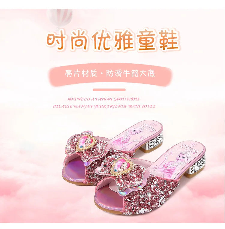 Zomersandalen voor meisjes, modieuze slippers met pailletten, prinsessenschoenen voor kinderen, hoge hakken, feestjurken, Elsa-schoenen, leren slippers voor meisjes