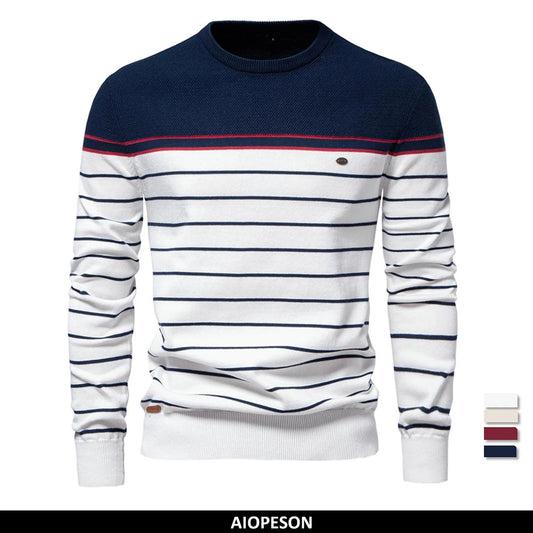 Men's O-neck Cotton Pullover Sweater Striped Casual Autumn and Winter High Quality Knitted Sweaters for Men